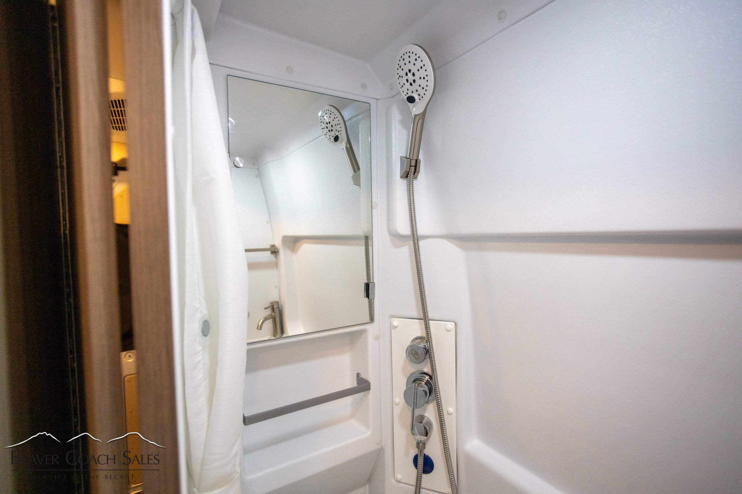 Interior sleeping area of Entegra Ethos showing comfortable bed setup for couples