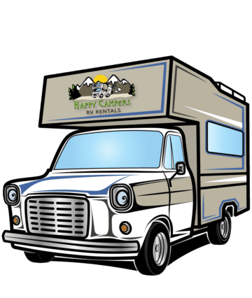 Happy Campers RV Rentals vintage RV illustration with logo