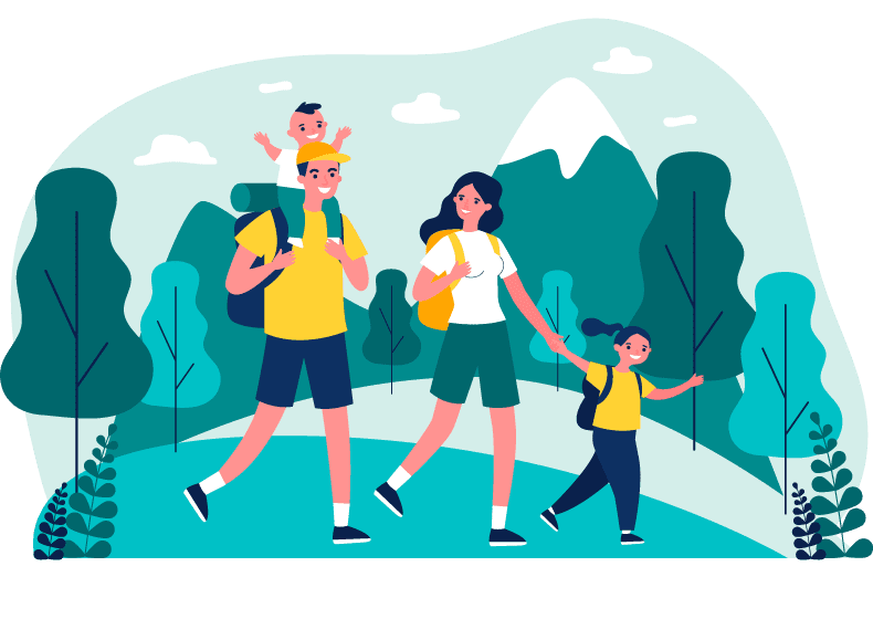 Illustrated family hiking through scenic mountain trails with snow-capped peaks in the background